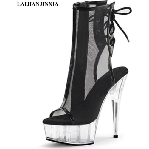 LAIJIANJINXIA New Summer Gothic Transparent Crystal Pole Dance Shoes 6 Inch High Stripper Heels Platform Peep Toe Ankle Boots