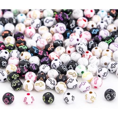 100Pcs/Lot 8mm Plastic Acrylic Round Carved Cross Beads Color Pattern Round Ball Beads for Bracelet Necklace DIY Jewelry Making