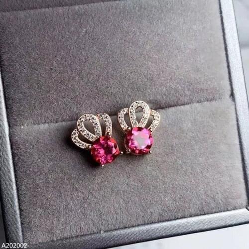 KJJEAXCMY Fine Jewelry 925 sterling silver inlaid natural pink topaz gemstone girls earrings geometric crown support detection