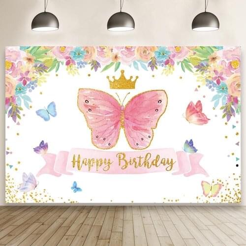 Beautiful Flowers Crown Butterfly Baby Show Party Backdrop Children Birthday Room Decoration Photography Photo Vinyl Background