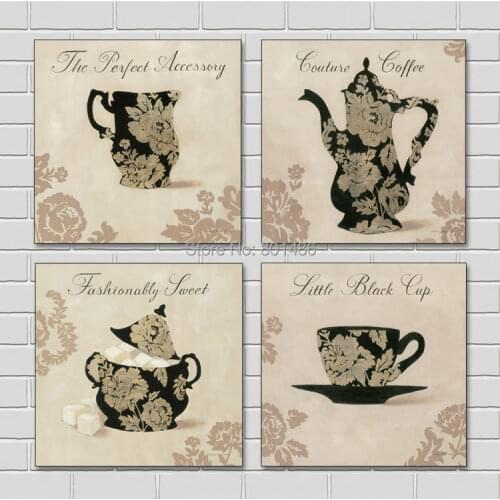Factory price ! New Arival-4 pieces modern art painting of coffee cups & tea pots picture print on canvas for dinning room decor