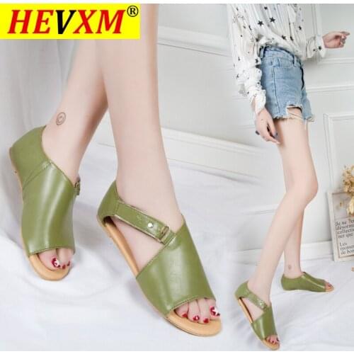 Women Sandals Woman Buckle Peep Toe Flats Ladies Hook Loop Solid Womens PU Leather Female Breathable 2021 Footwear Plus Size