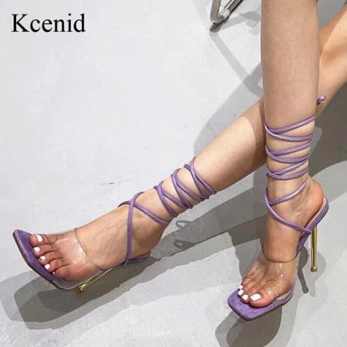 Kcenid Big Shoes 42 Summer Sandals Open Toe High Heels Women Transparent Perspex Shoes Metal Heel Cross-Strap Sandals Purple
