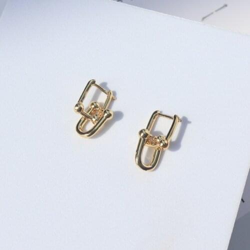 Thick Link U Shape Geometric Cubic Zirconia Earrings Brass Gold Drop Earrings for Women Chic Stylish Earrings Celebrity Jewelry