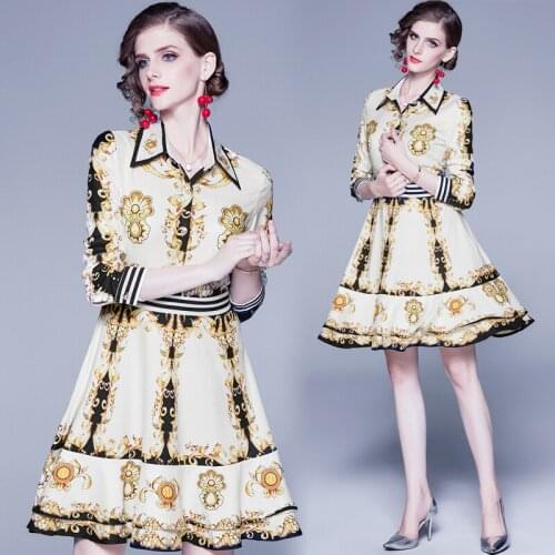 Womens Summer Womens New Spell Color V-neck Waist Baroque Court Printed Casual Long-Sleeve Dress