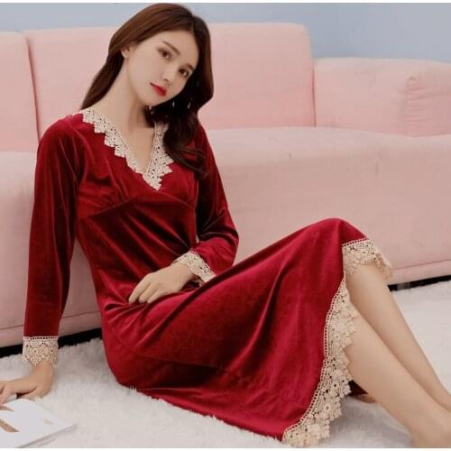 2021 Winter Velvet Nightgown Thick Sexy Bath Pajamas Bathrobe Lace Long-sleeved Homewear Warm PJS