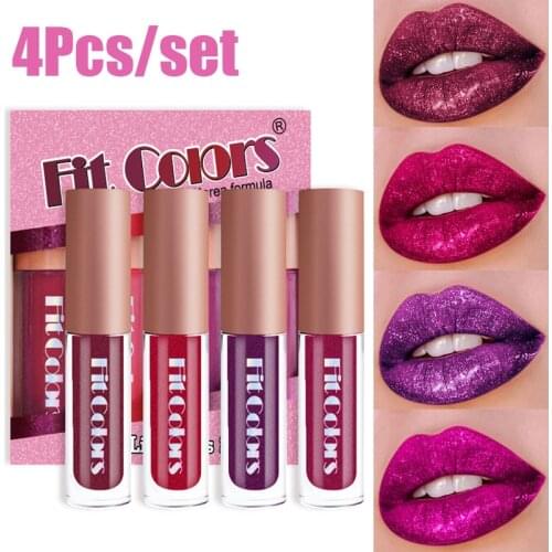 4pcs/set Diamond Shiny Lip GLoss Waterproof Long Lasting Matte Liquid Lipsticks Pearlescent Glitter Lip Gloss Makeup Cosmetics
