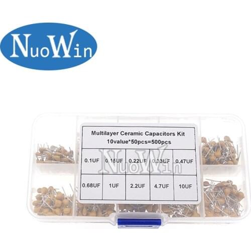 500pcs/lot 10Values*50pcs 0.1uF-10uF(104~106) 50V Multilayer Ceramic Capacitors Assorted Kit Assortment Set with Storage Box