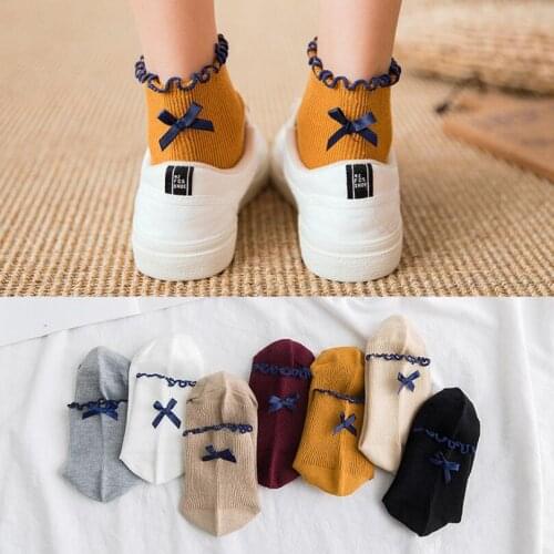Girls Solid Cotton Crew Socks Wrinkled Edges with Bow Women Soft Warm Winter Socks Ankle Socks Multi Short Socks 7 pairs/lot