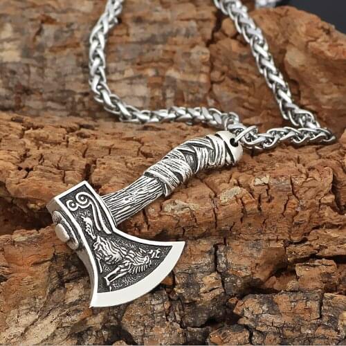Exquisite double-sided engraving metal Viking Celtic wolf crow pattern axe pendant jewelry necklace