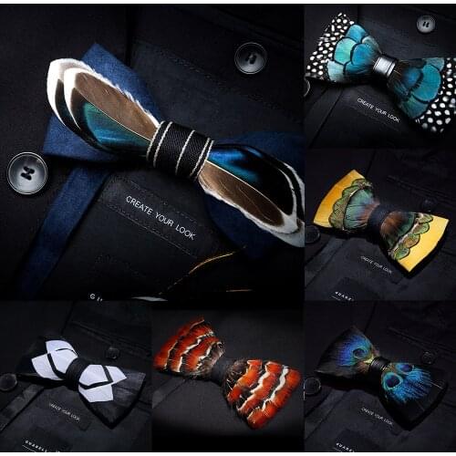 KAMBERFT designer brand Handmade Feather and Leather Pre-tied Bow tie and Brooch Sets for Men wedding party best gift Cravate