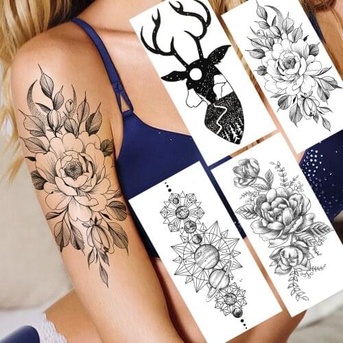 Fashion Flower Temporary Tattoos Sticker Fake Black Planets Elk Tatoo Decal For Women Men Body Art Tatoo Waterproof Beauty Tatoo