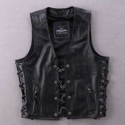 5 days arrival,Genuine Leather Motorcycle Vest Cowhide Chain Decoration Short Youth Vest Locomotive Black Sleeveless Jacket