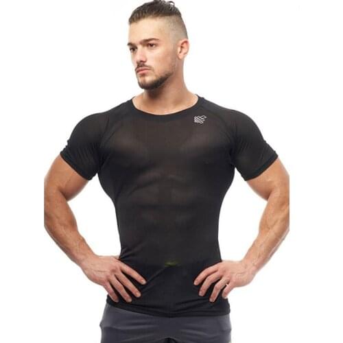 2021 Men T-Shirt Compression Shirt Mesh Cloth Tshirt Homme Mens Fitness Black Blue Gym BodybuildingTraining Clothing