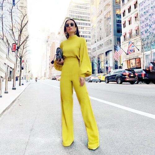 2021 New Fashion Trend Sexy Open Back Wide-leg Pant Solid Color High-neck Long-sleeve Casual One-piece Trousers Womens Clothing