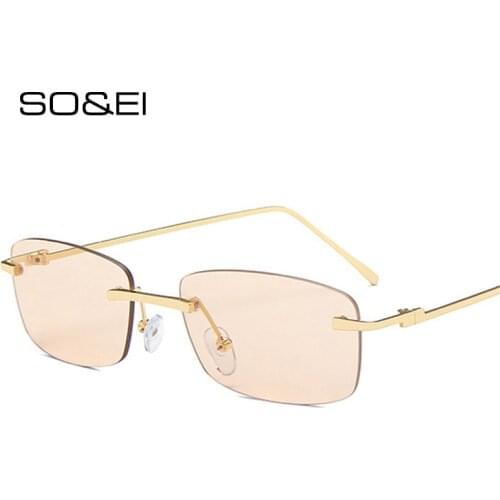 SO&EI Fashion Small Rectangle Rimless Sunglasses Women Vintage Clear Ocean Lens Eyewear Men Gradient Sun Glasses Shades UV400