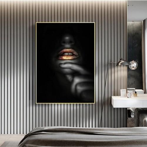 Golden Lips Sexy Black Woman Canvas Painting Poster and Prints Modern Wall Art Pictures Cuadros for Living Room Decoration