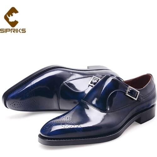 SIPRIKS Luxury Patent Leather Dress Shoes Mens Navy Blue Tuxedo Shoe Boss Single Monk Strap Gents Suits Social Formal Goodyear