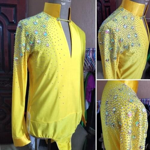 Ballroom Latin Dance Shirts For Mens Stage Costume Diamond Tops Latin Competition Clothing Cha Cha Tango Waltz Dancewear VDB2596