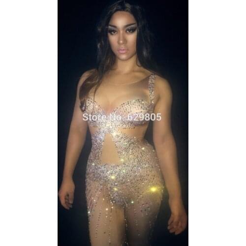 Sexy Crystals Womens Jumpsuit Nightclub Rompers Celebrate Outfit Stage Show Bling Costume Female Singer Bodysuit Wear