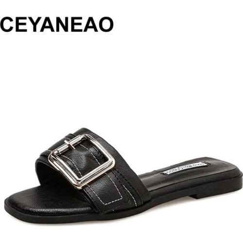 CEYANEAOLeather Belt Buckle Slippers Women Flat Heels Home&Outdoor Slides Open Toe Shoes Female OverSize Flip Flops 2021Pantufa