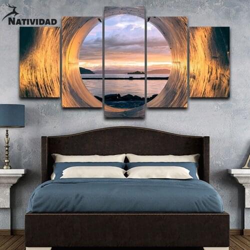 Modern Landscape Canvas Painting Circular Pipe Watching Seascape Sunset Picture Print Poster Living Room Bedroom Home Decoration