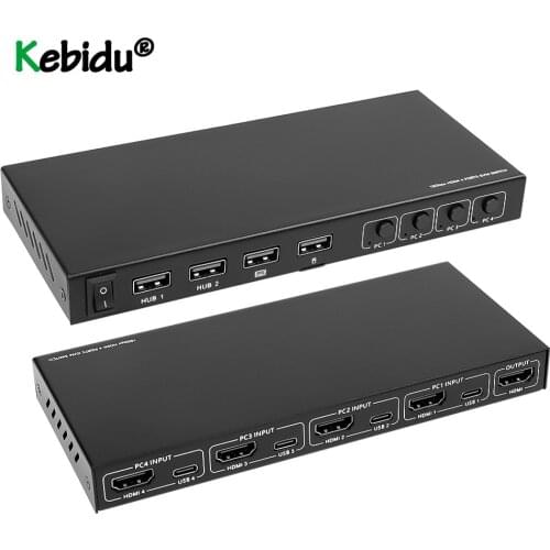 Type C KVM Switch Box 2/4 Port 4K Video Display USB C Splitter Box HDMI-compatible for Sharing Printer Keyboard Mouse