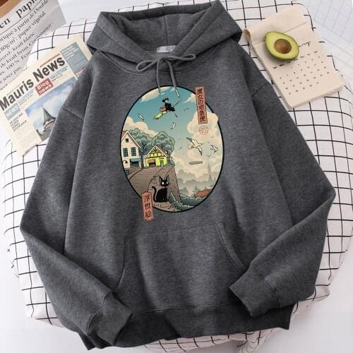 Japanese Cartoon Ukiyoe Style Printing Men Hoodies Anime Warm Casual Loose Streetwear Fleece Fashion Breathable Mens Hoody
