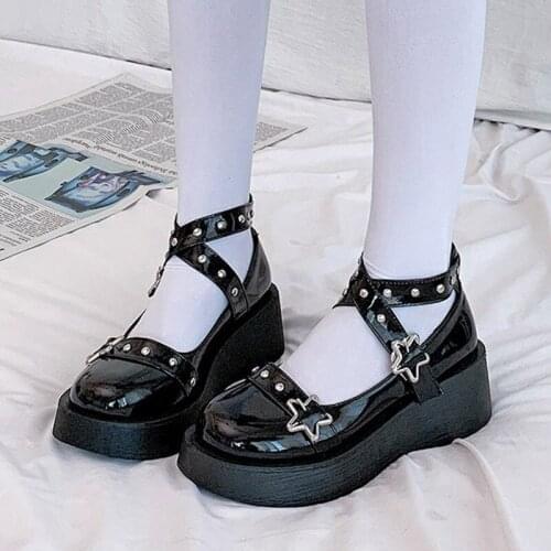 Lolita Shoes Star Buckle Mary Janes Shoes Women Cross-tied Platform Shoes Patent Leather Girls Shoes Rivet Casual Shoes 2021
