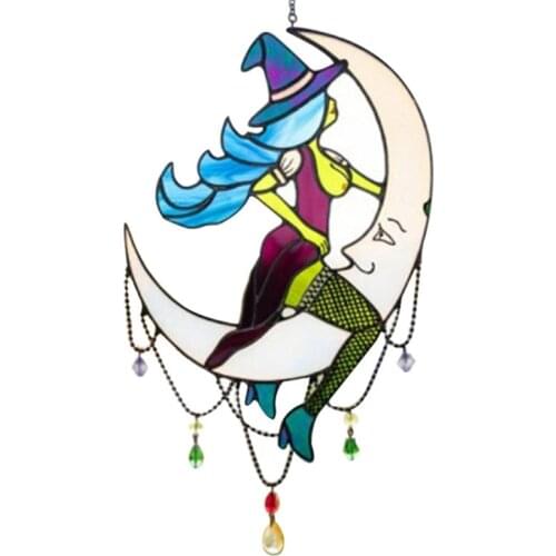 Witch on Moon Decor Stained Suncatcher Window Hangings Outdoor Wall Art Home Decoration Pendant Suction Cup Hanger