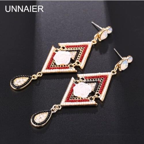 UNNAIER Retro palace exaggeration Semi-precious stones camellia Long earring Female Teardrop-shaped Ear jewelry