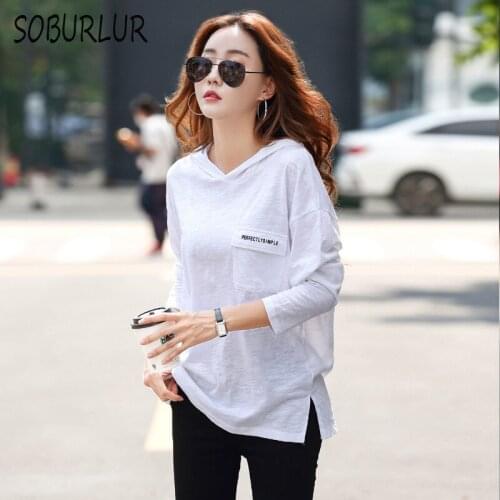Cotton Hooded T-shirt Women Autumn Long Sleeve Tees Hooded Collar Casual T Shirts Pocket Loose Base Shirt Oversize Hooded Tops