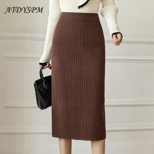 New Arrivel 2021 Women Knitted Skirt Simple Office Warm Black Coffee Pencil Skirts Ladies Stretch Elegant Bandage Midi Skirts