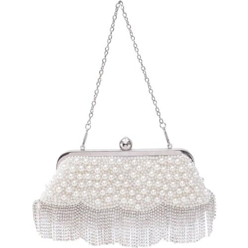 Woman Evening Bag Clutch Artificial Pearls Beaded Handbags Breathtaking Rhinestones Tassel Decor Prom Wedding Party