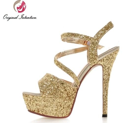 Original Intention Women Sandals Fashion Open Toe Thin Heels Sandals Beautiful Black Gold Silver Shoes Woman US Size 3.5-10.5