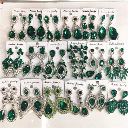 12 Pairs Mixed Design Green Crystal Earrings Women Wedding Bridal Rhinestone Drop Dangle Statement Earrings Wholesale Jewelry