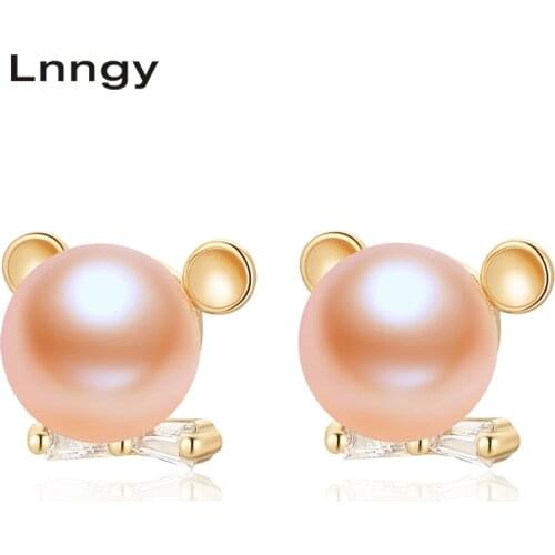 Lnngy 14K Gold Filled Earrings 6-6.5mm Natural Cultured Freshwater Pearl Bear Stud Earrings Women Party Earrings Fine Jewelry