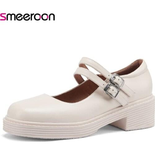 Smeeroon 2021 New Fashion Casual Shoes Women Pumps Genuine Leather Shoes Buckle Solid Colors Comfortable Thick Heel Shoes Woman