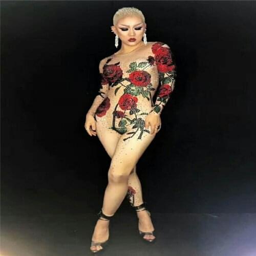 S27 Ballroom Women Jumpsuit female Bodysuit sexy costume party dj Crystals Rose Flower dress stage clothe disco party Performan