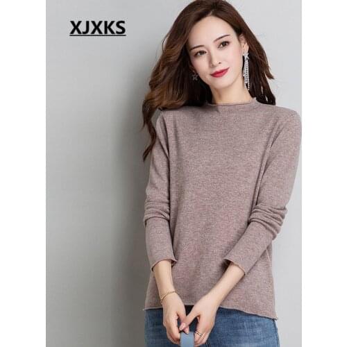 XJXKS 100% pure wool knitted sweater women pullover 2020 autumn winter new solid color all-match women turtleneck sweater
