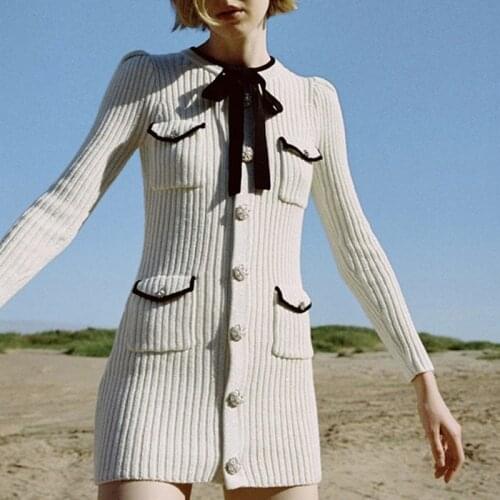 Runway Designers 2021 Autumn Elegant Crystal Buttons Bow Long Sleeve Mini Dresses for Women Long Sleeve White Knitted Dress