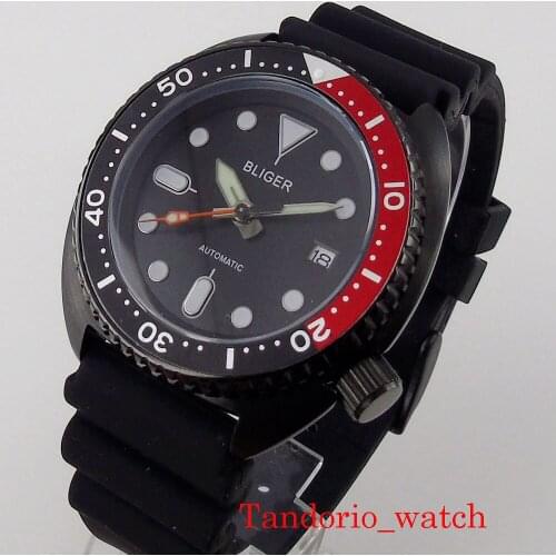 45mm Bliger NH35 Sterile Mechanical Automatic Men Top Watches Sapphire Crystal 5ATM C3 Luminous Rubber Strap Black PVD Plated
