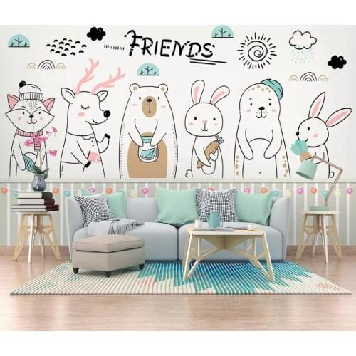 Nordic simple cartoon hand-painted cute animals childrens house background wall 3D wallpaper murals