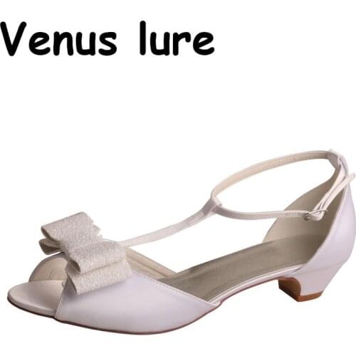 White Bow Shoes Open Toe Private Label Shoes Sandals with T-strap Short Heel