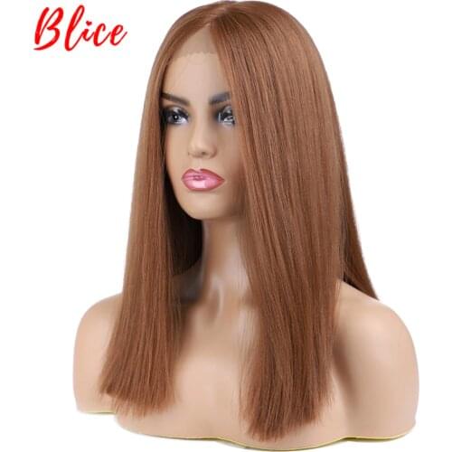 Blice Short Bob Lace Front Synthetic Hair Wigs Yaki Straight Middle Part Wig for Women Brown All Color Available