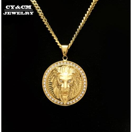 CY&CM Men Women Hiphop Round Lion head Pendant Bling Stainless Steel Iced Out Rhinestone Animal Gold Necklace Chain Punk Jewelry