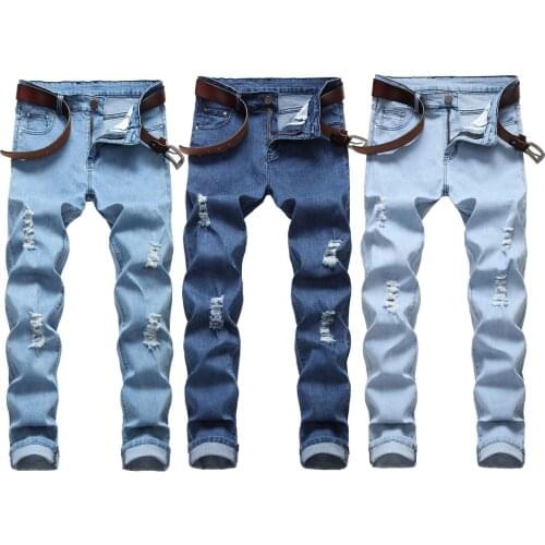 Man Elastic Force Holes Jeans Mens Wear Trousers Skinny Ripped Casual Slim Fit Jogger Denim Streetwear Jeans