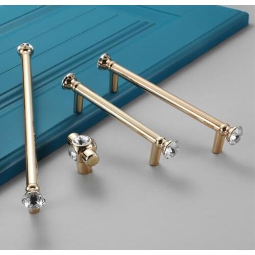 European Luxury Crystal Solid Zinc Alloy Golden Cabinet Handles Kitchen Cupboard Wardrobe Door Pulls Furniture Hardware