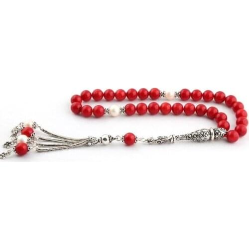 Coral Pearl Handmade Rosary with 925 Sterling Silver Quart Tassel