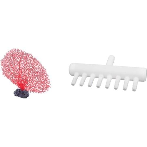 5.5 Inch Height Red Plastic Branch Coral Emulational Underwater Plant & Plastic 8-Way Aquarium Tube Splitter Air Valve